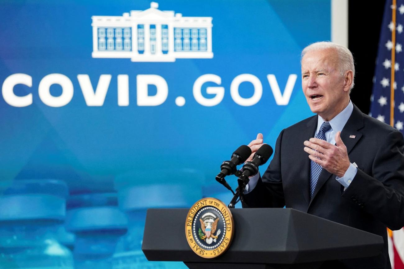 U.S. President Joe Biden delivers remarks on COVID-19 in the Eisenhower Executive Office Building, in Washington, DC, on March 30, 2022.