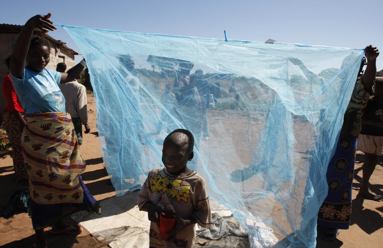 Zambian villagers display a mosquito net.
