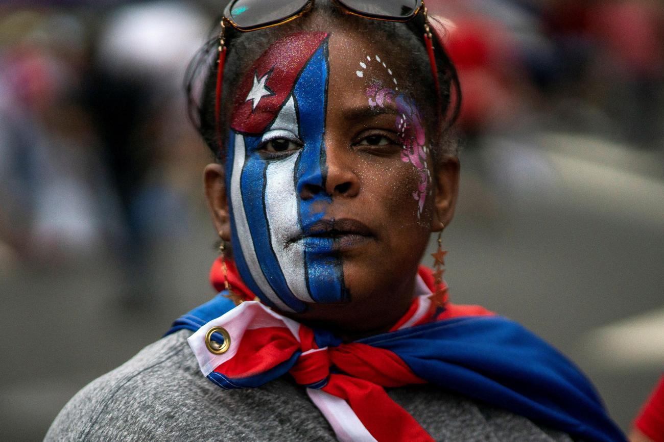 A member of an exiled Cuban community attends a march in North Bergen, New Jersey on July 13, 2021, in solidarity with protesters in Cuba.