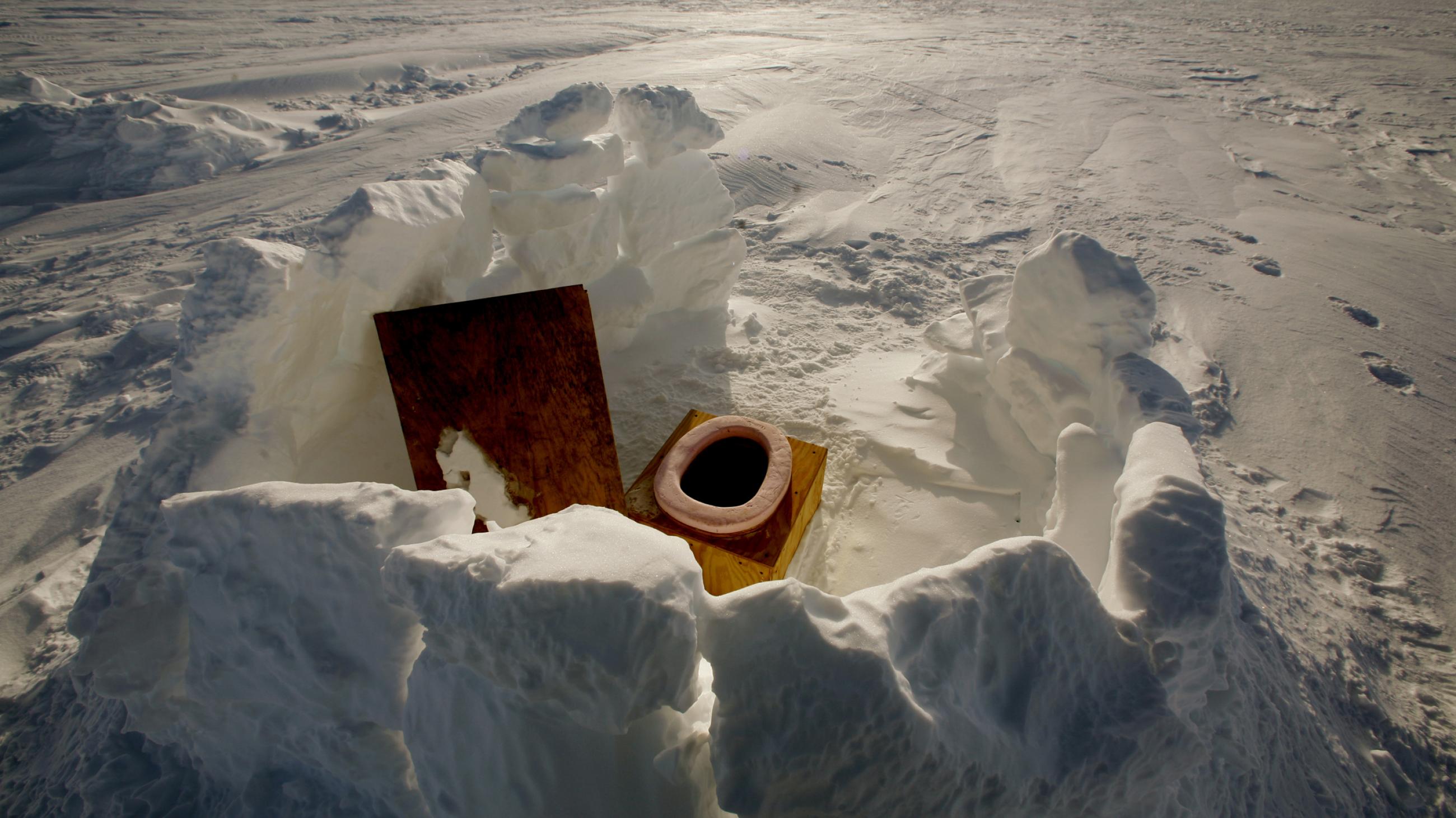 An outdoor toilet looks out over the ice at the Swiss Camp research center on the Greenland ice pack, near Ilulissat, Greenland, on May 18, 2007.