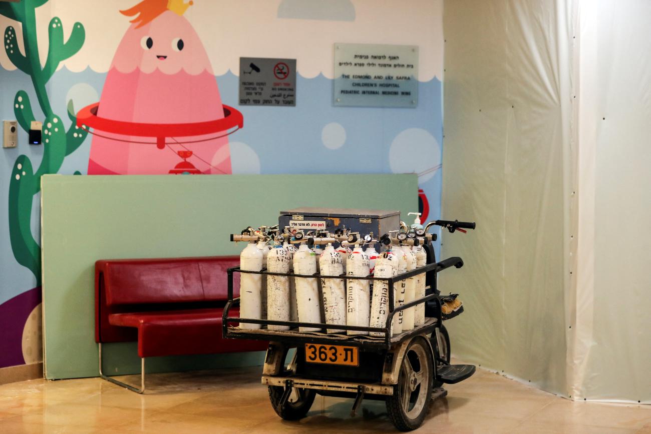 Medical oxygen canisters are seen in a children’s COVID-19 ward that reopened as a response to increased infections among children, at Sheba Medical Center in Ramat Gan, Israel, on January 11, 2022. 