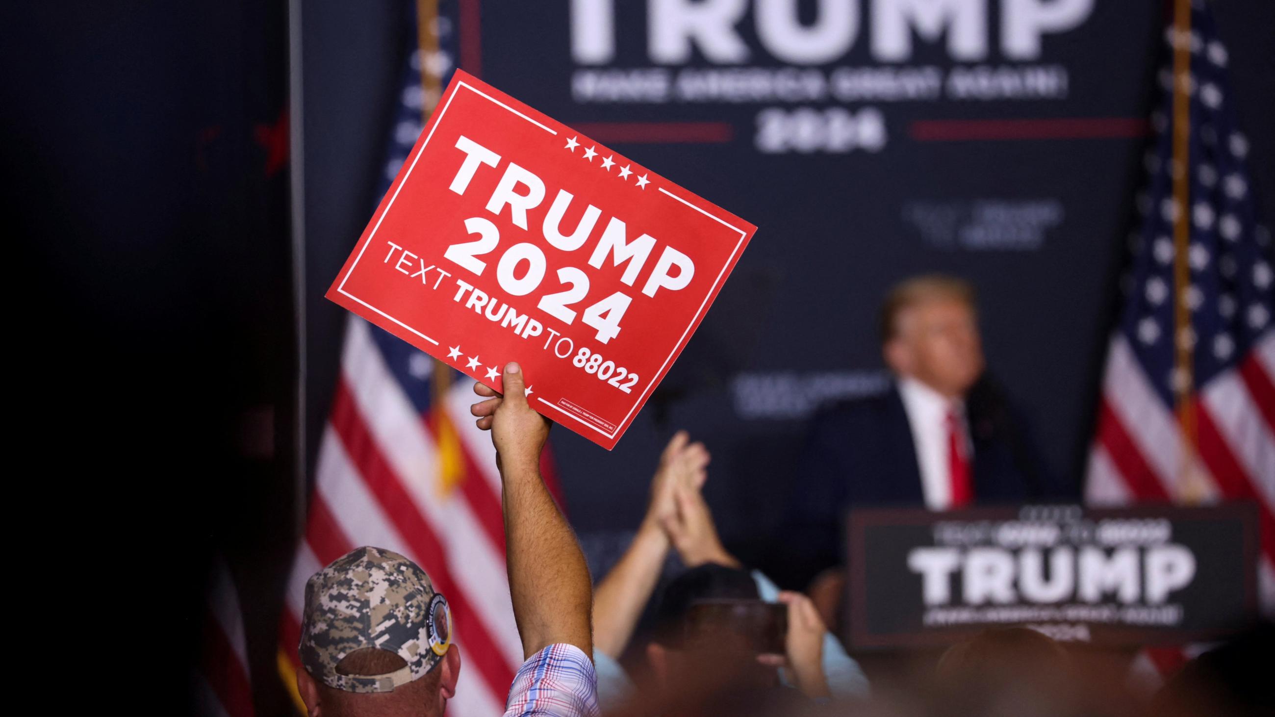 Former U.S. President and Republican presidential candidate Donald Trump speaks during a 2024 presidential campaign rally in Dubuque, Iowa, U.S. September 20, 2023. 