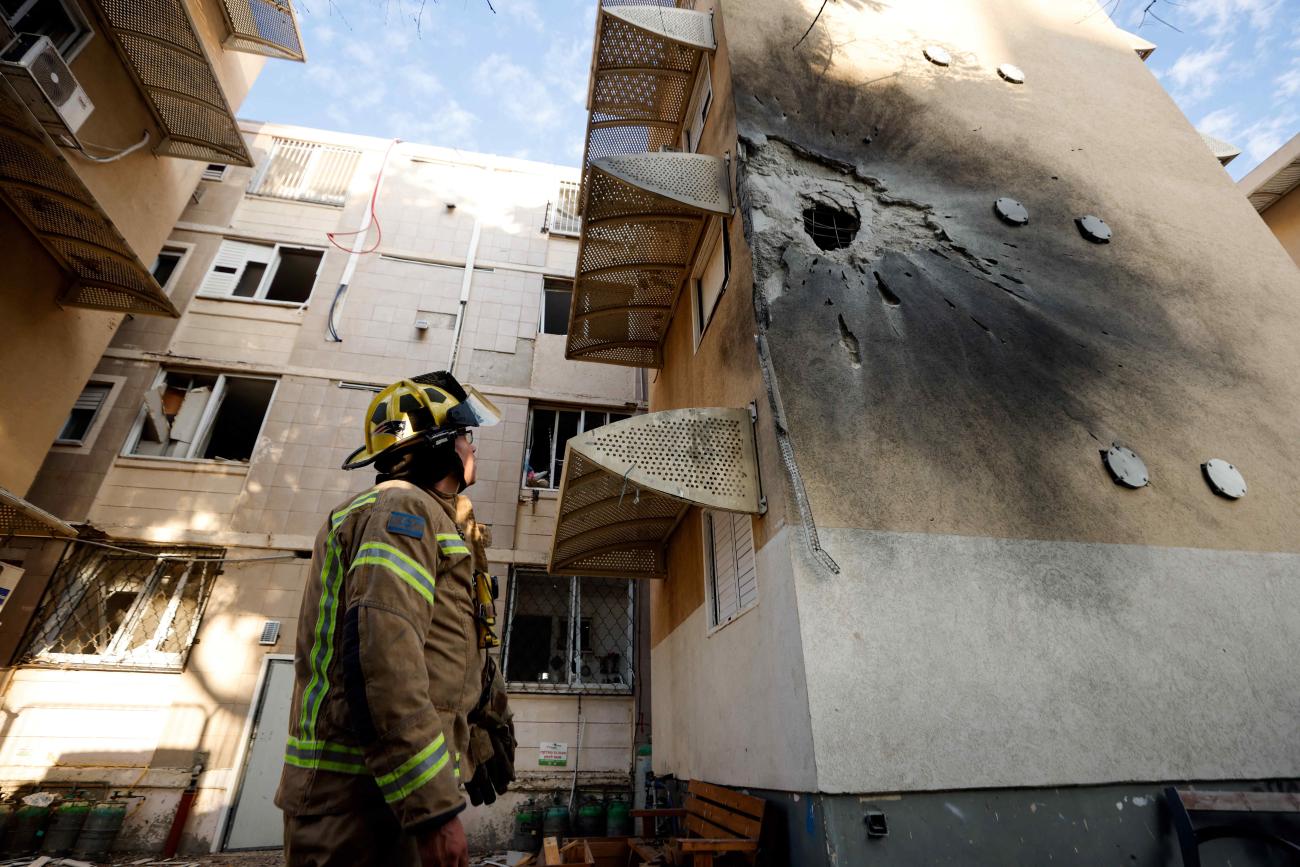 A damaged home is seen after it was hit by a rocket launched from the Gaza Strip into Israel, in Sderot, southern Israel, October 17, 2023.