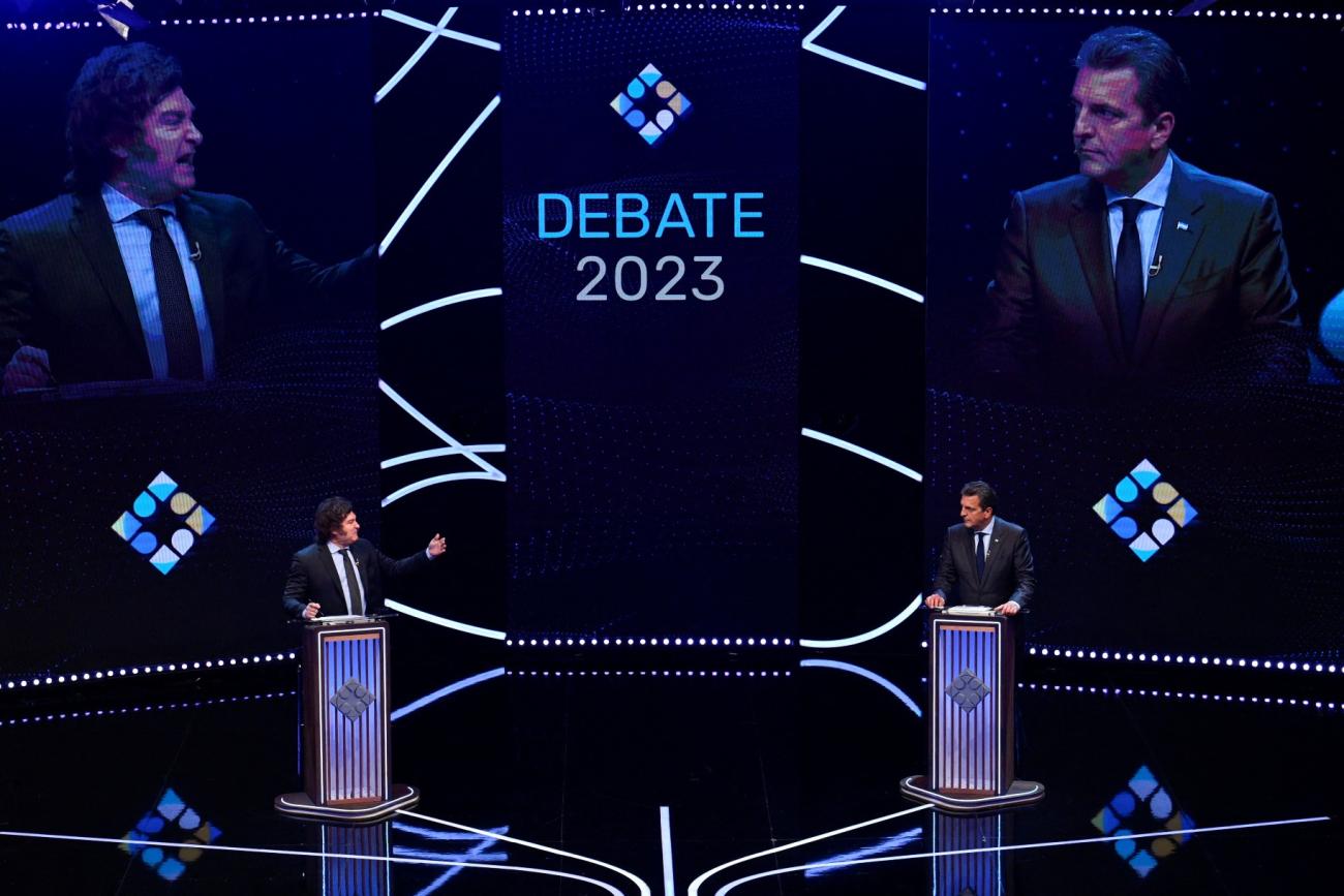 Argentina presidential candidates Sergio Massa and Javier Milei seen during the presidential debate ahead of the November 19 general election, in Buenos Aires Argentina, on November 12, 2023.