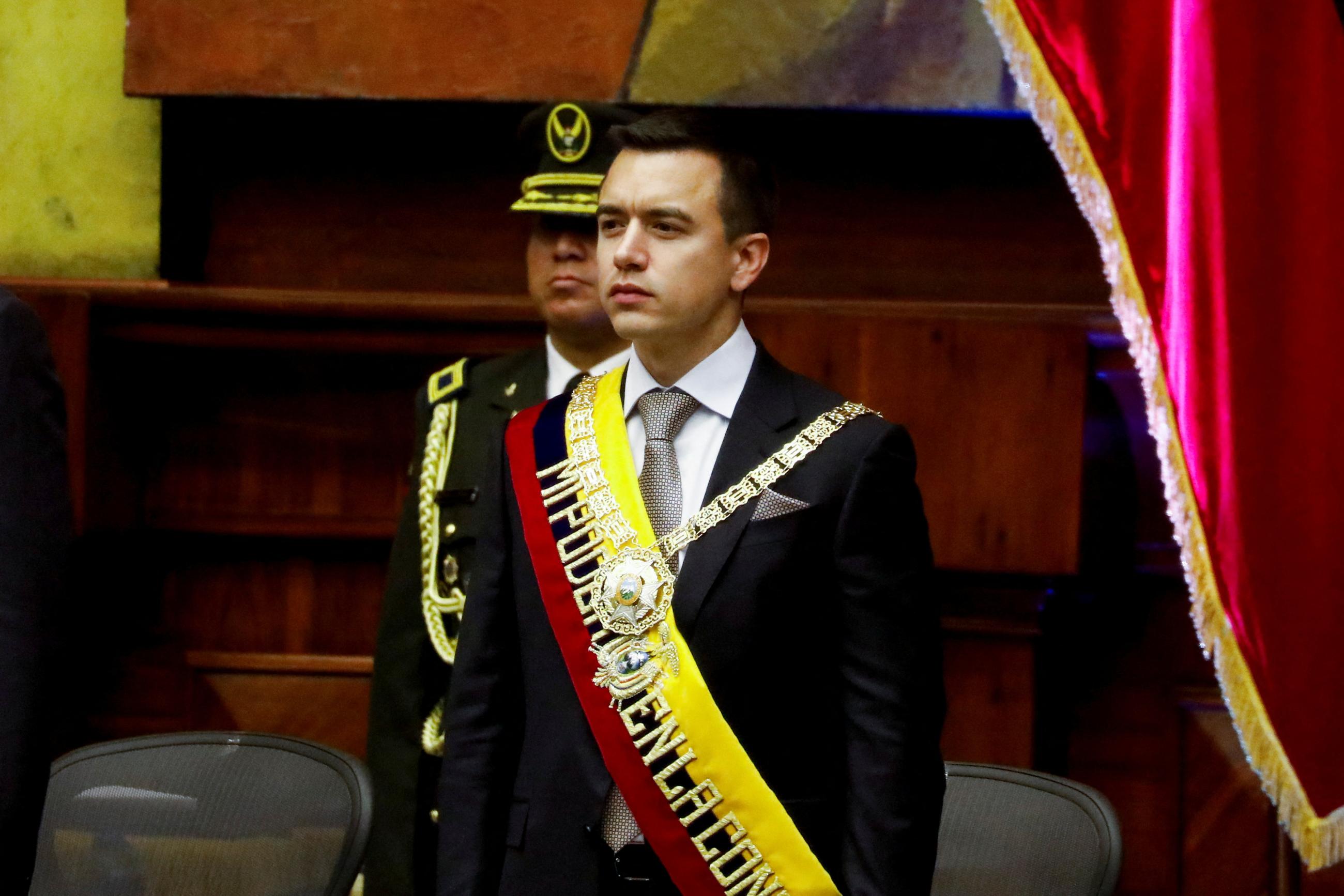 Ecuador's President Daniel Noboa looks on during his swearing-in ceremony.