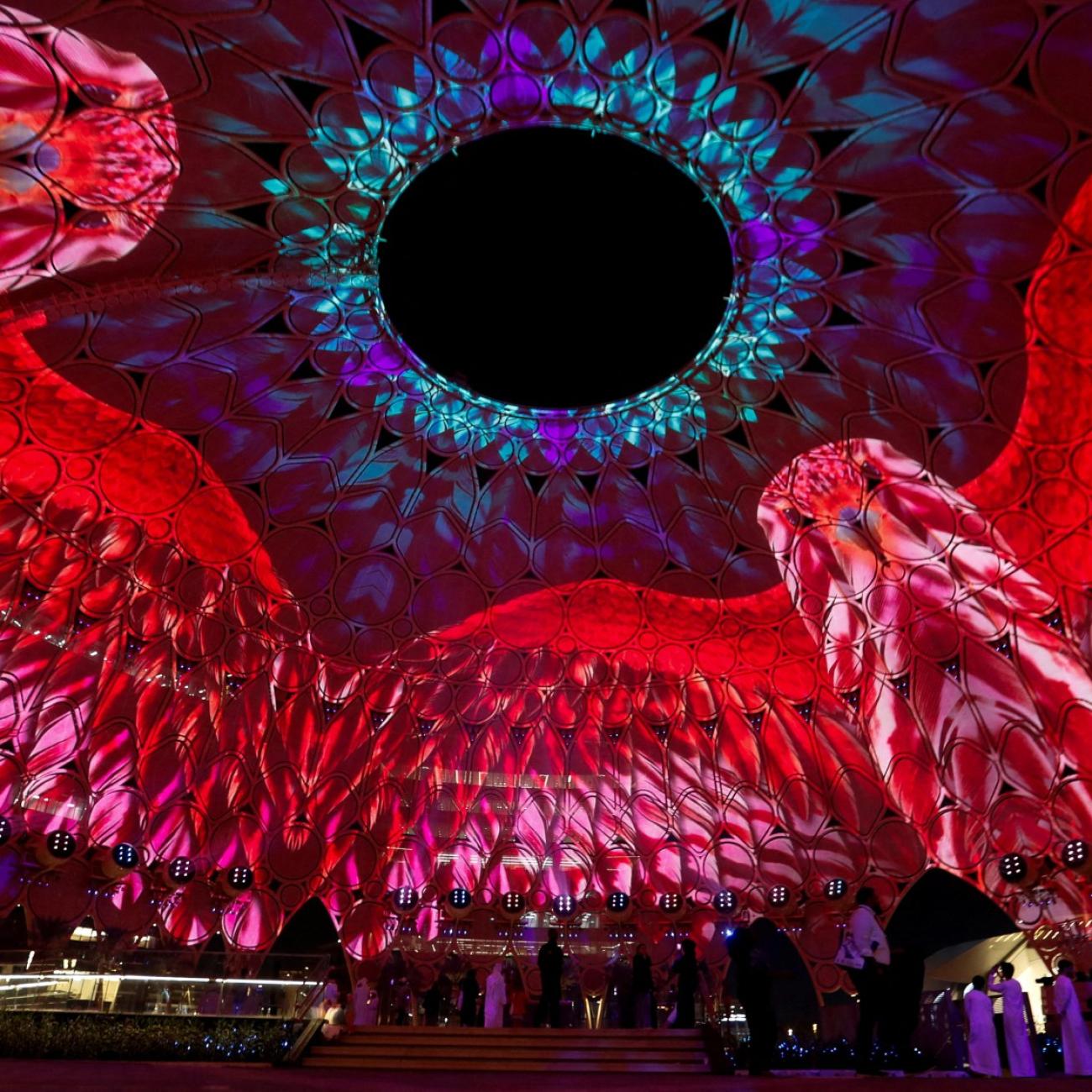 Visual projections of eagles are displayed at the Al Wasl dome at the Dubai's Expo City during the United Nations COP28, in Dubai, United Arab Emirates, on December 12, 2023.
