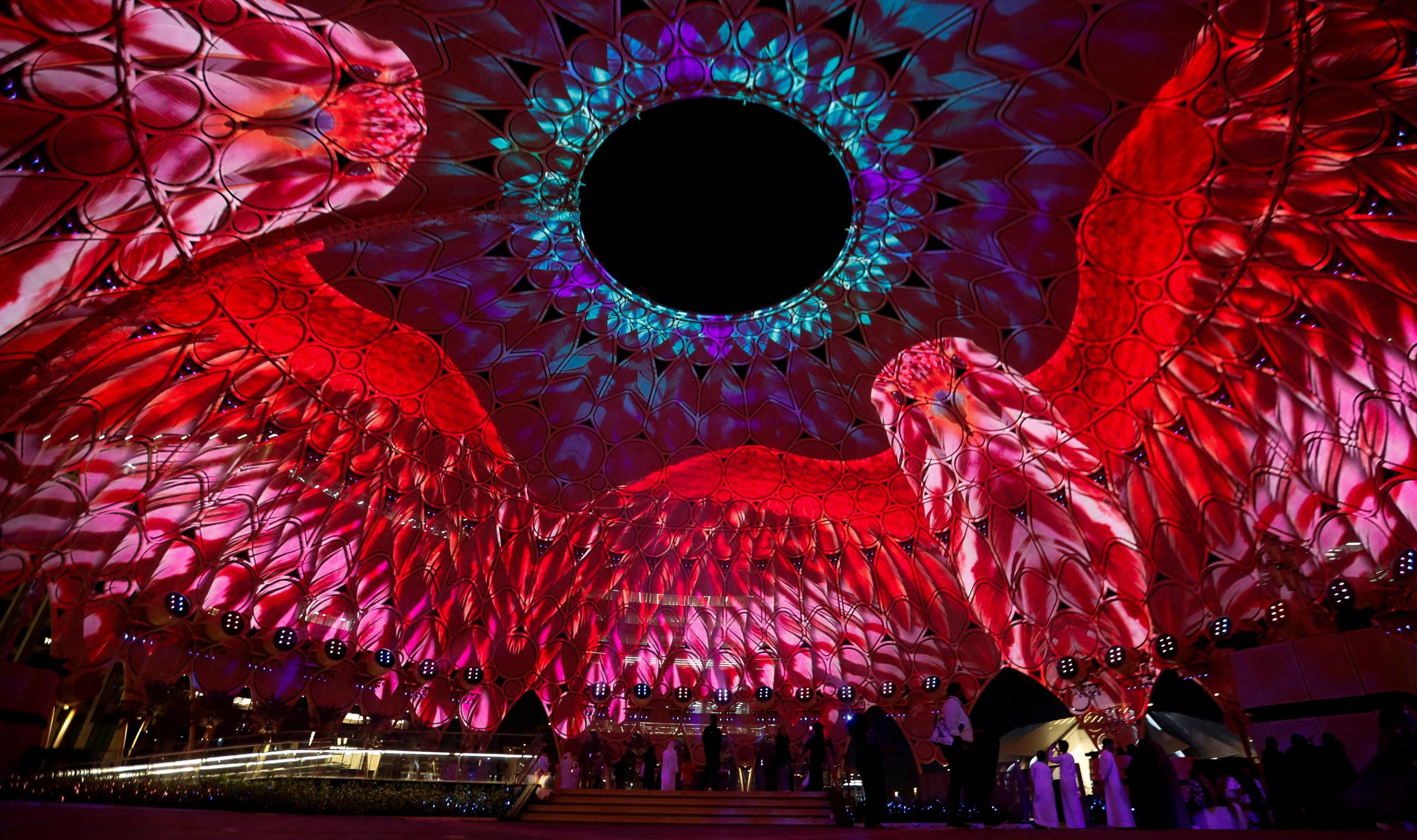 Visual projections of eagles are displayed at the Al Wasl dome at the Dubai's Expo City during the United Nations Climate Change Conference (COP28) in Dubai, United Arab Emirates, December 12, 2023.
