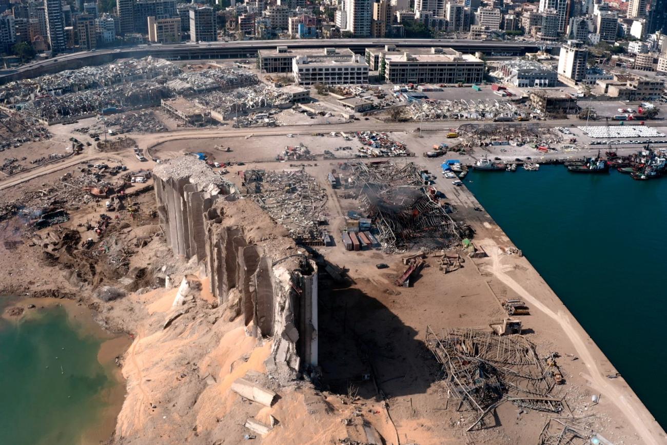 a still image of Beirut's port is shown post-blast