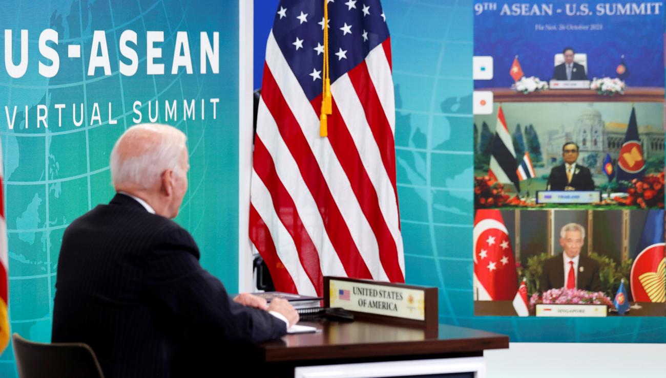U.S. President Joe Biden participates virtually with the ASEAN summit from an auditorium at the White House in Washington, U.S. October 26, 2021.