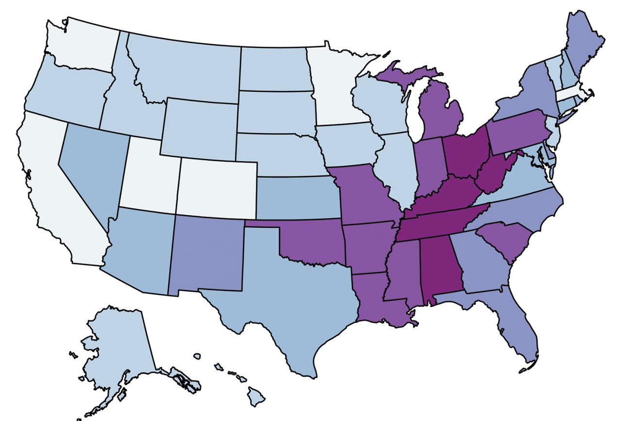 Percent of State Populations at Medium Risk for Pneumonia. Map shows percentage of Adults, 20–64 years old, with at least one chronic condition or who are current smokers 